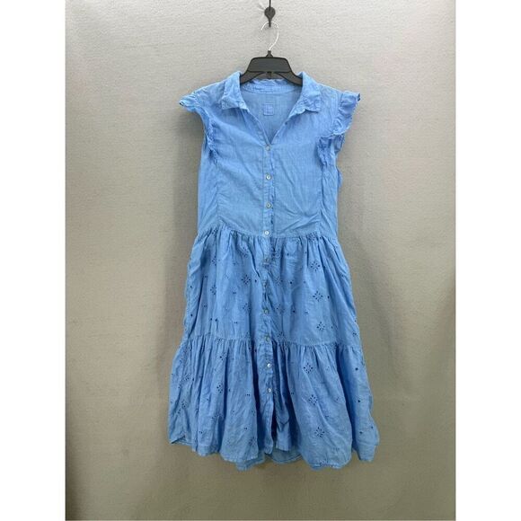 120% Lino Womens Blue Linen Flutter Eyelet Tiered Button Down Midi Dress Size 44 - Picture 11 of 11